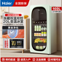 海尔(Haier)冰吧家用客厅办公室单门冰箱小型透明玻璃门水果饮料冷藏柜茶保鲜柜叶立式169升带冷冻室可制冰烟波绿