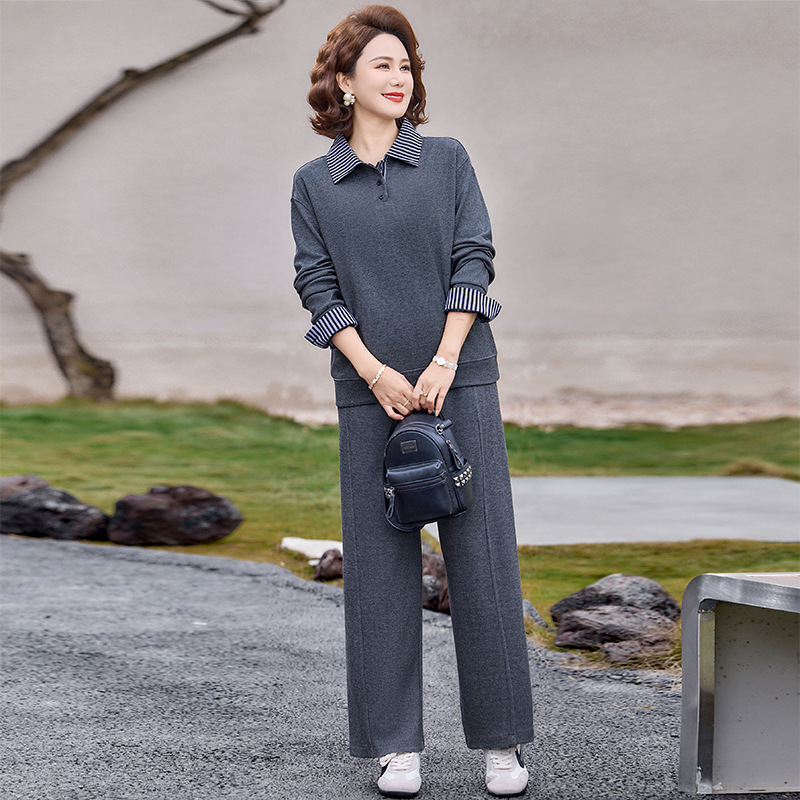 气质休闲妈妈套装中老年运动休闲两件套衣服跑步服女衬衫领春装女
