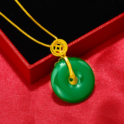 越南沙金平安扣项链仿真黄金玉髓吊坠镀24K金锁骨链首饰久不掉色送女朋友老婆情人节七夕生日礼物