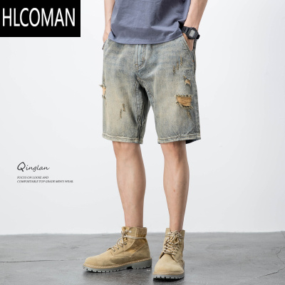HLCOMAN破洞牛仔短裤男潮牌宽松休闲复古美式大码乞丐五分裤夏季薄款中裤