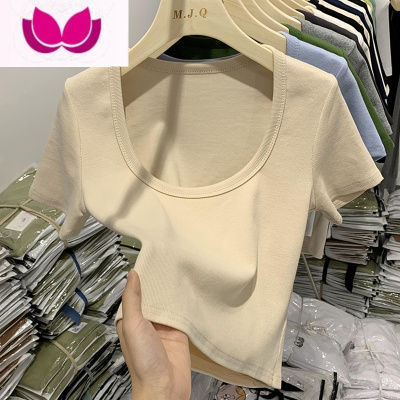 七斓纯色修身打底衫女内搭小众纯色短袖t恤ins夏纯欲正肩高腰短款上衣
