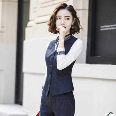 Mrfemale/女先生女士马甲职业装条纹马甲女士套装2019新款修身白领销售经理工作服时尚女马夹背心制服
