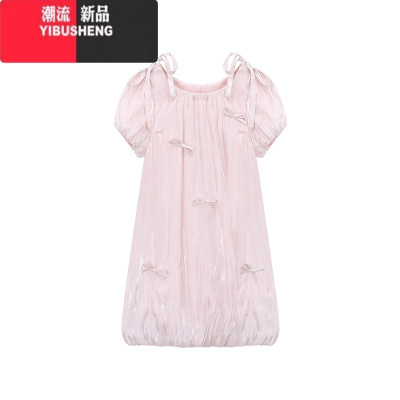 YIBUSHENG甜美风蝴蝶结背心裙女装季花苞下摆连衣裙宽松减龄短裙