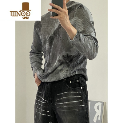 YANXUKE早秋新品美式简约慵懒风扎染长袖T恤针织衫男ins圆领打底衫潮