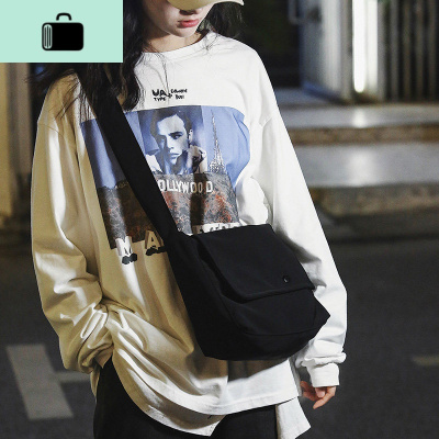 ins日系原宿大学生帆布包女斜挎包休闲工装单肩包男士个性邮差包NEW LAKE 黑色男士斜挎包