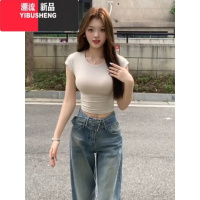 YIBUSHENG纯欲辣妹紧身收腰短袖女季设计感小众简约百搭正肩短款T恤上衣