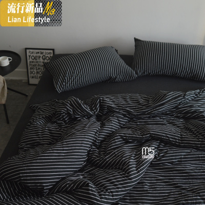 暗黑性冷淡风北欧棉四件套棉针织棉天竺棉男士条纹床笠款床品 三维工匠