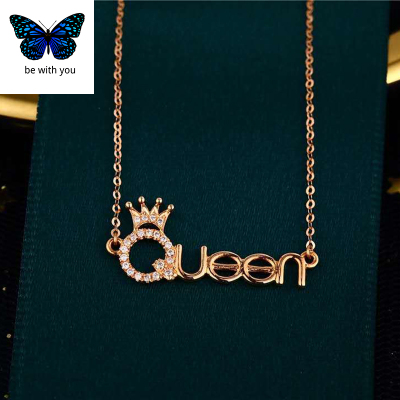 bewithyou18K金天然钻石项链韩版Queen女王钻石皇冠吊坠玫瑰彩金锁骨链英文字母配真钻石送女友礼物