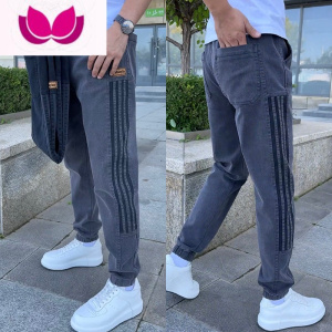 七斓春季新款牛仔裤男宽松潮牌三条杠休闲裤松紧腰小脚长裤弹力束脚裤