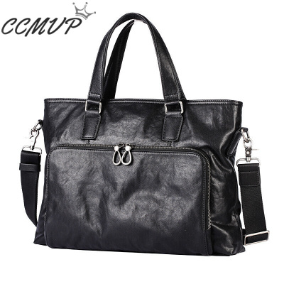 CCMVP品牌自营质量保证-CCMVP新款男士手提单肩包真皮大容量公文包横款头层牛皮商务休闲男包黑色默认颜色