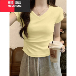 YIBUSHENG奶黄色上衣v领正肩短袖女t恤季2024新款修身半袖收腰显瘦小众短