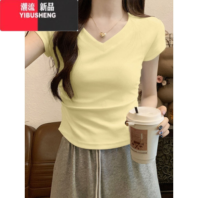YIBUSHENG奶黄色上衣v领正肩短袖女t恤季2024新款修身半袖收腰显瘦小众短