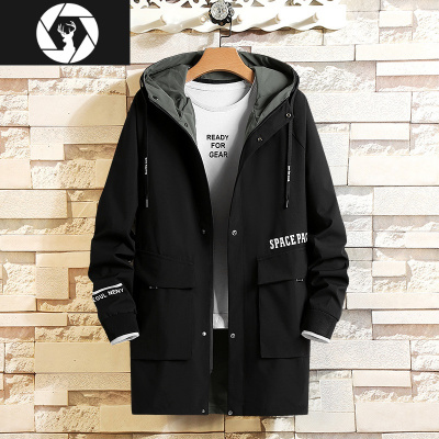 HongZun春秋外套男宽松中长款风衣潮流显瘦加肥加大码休闲夹克连帽上衣服风衣