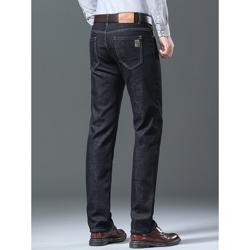 羊羔绒男士高端牛仔裤中高腰舒适宽松直筒商务裤中年国潮刺绣长裤
