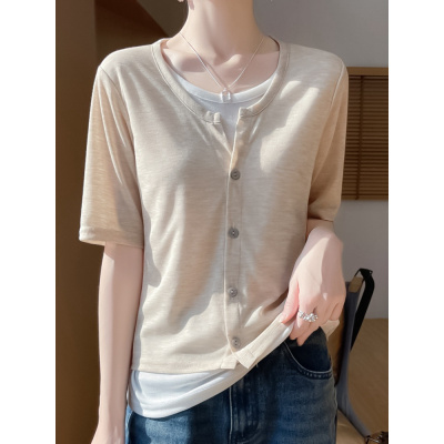 夏季新款圆领假两件针织T恤女开衫五分半袖拼色薄款打底百搭上衣