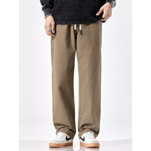 |男装 卡其色纯棉裤子男士潮牌宽松直筒长裤复古棉布男休闲