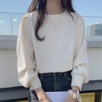 韩版新款简约百搭圆领长袖女上衣洋气设计感小众洋气减龄