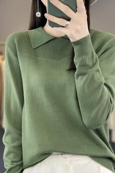 秋季新款翻领女装上衣丝光棉质针织衫女娃娃领长袖韩版打底衫