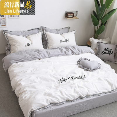 简约棉刺绣水洗棉四件套流苏花边色美式公主风棉床上用品 三维工匠