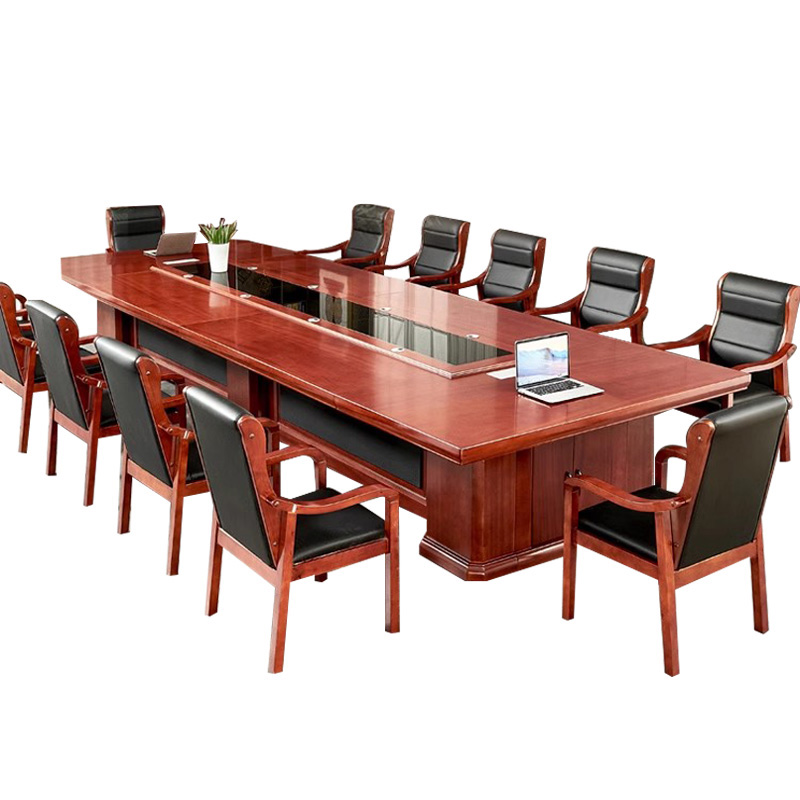 湘渭大型油漆会议桌实木黑玻璃长桌办公室桌椅组合工作台4米会议桌+14把将椅
