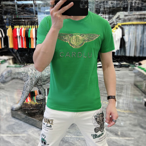欧洲站潮牌夏季新款男装潮流欧货镭射烫钻T恤男短袖丝光棉