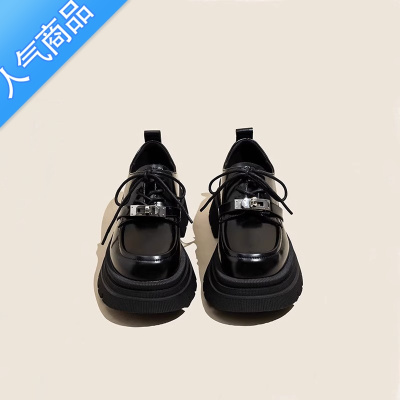 SUNTEK厚底黑色小皮鞋女2023夏季新款英伦风系带乐福鞋玛丽珍jk单鞋